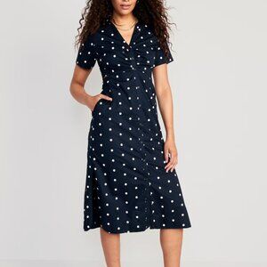Navy and White Polka Dot Cutout Shirt Midi Dress Size Small